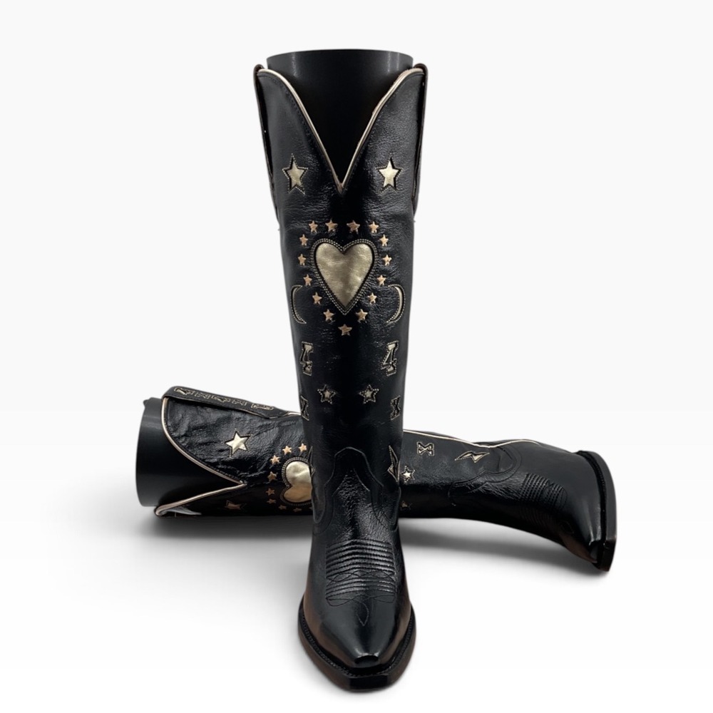 Golden west To The Moon Black Leather Heart Gold Embroidered Tall Cowboy Boots